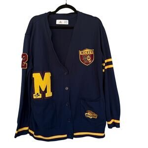Disney Mickey Mouse Sweater Mens 2XL Navy Cardigan Varsity Letterman Patch Knit